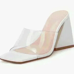 Women's sandals - white-  block heel -clear strap. Size 11.